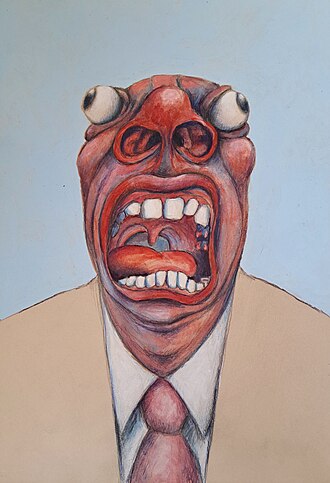 Kopf von vorne mit aufgerissenen Mund und heraustretenden Augen